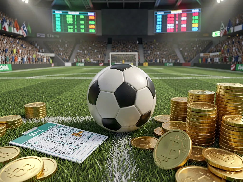 JBC77 premium sports betting scene showing a football field with a stadium crowd, a soccer ball, golden coins, betting slip elements, and neon odds panels in a realistic high detail 3D render