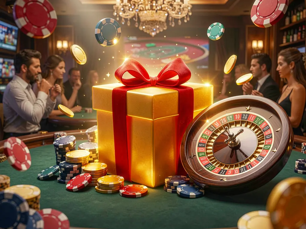JBC77 welcome bonus visual featuring a glowing gift box, roulette wheel, poker chips, and flying coins in a festive casino atmosphere with cinematic lighting and high detail
