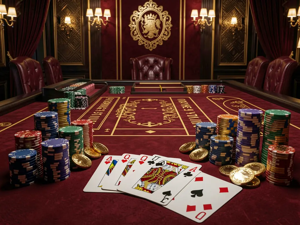 JBC77 luxury casino scene featuring a blackjack table with poker cards, stacks of chips, and sparkling coins against a dark red and gold background in a cinematic realistic render