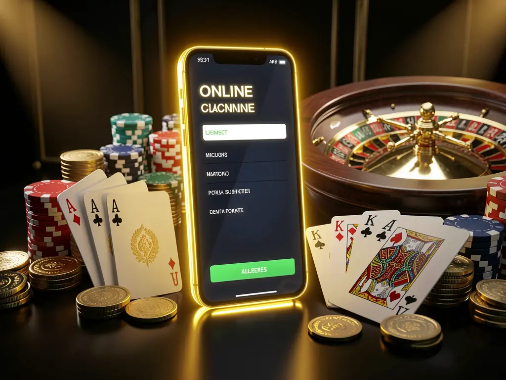 JBC77 online casino account portal featuring a glowing smartphone, premium cards, chips, roulette wheel, and coins against a black and gold background with cinematic lighting in a realistic 3D render